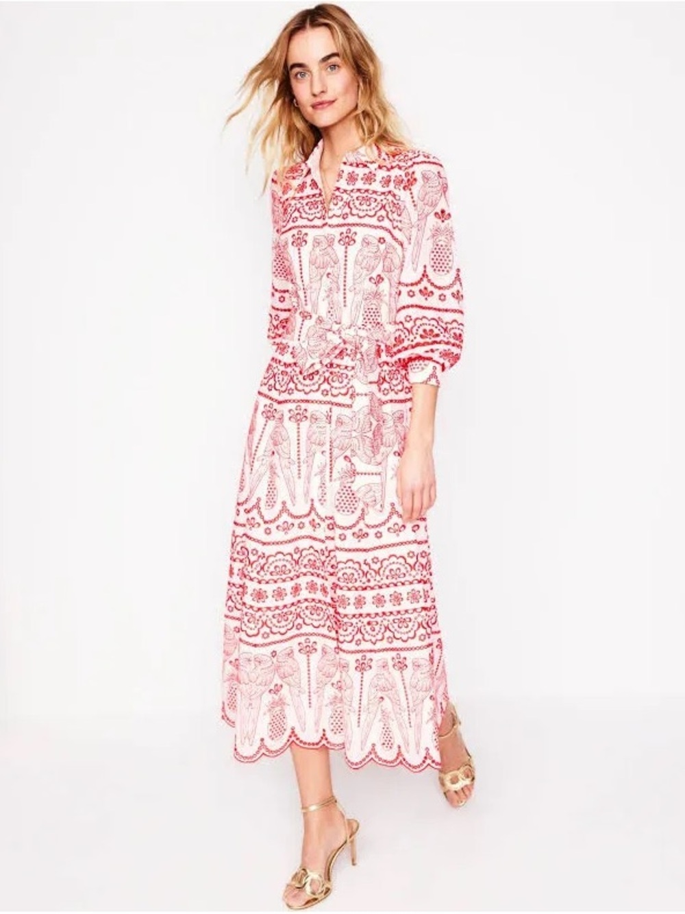 NEW Boden Clara Broderie White Dress with Red Embroidered Detail